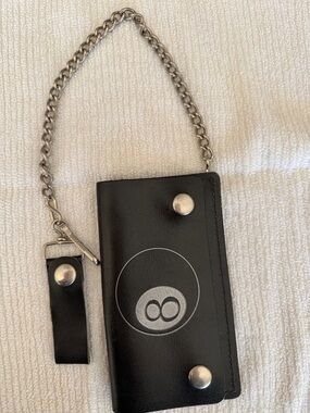 Black Leather Wallet, Silver Chain & Circle Logo chain biker style snap closure